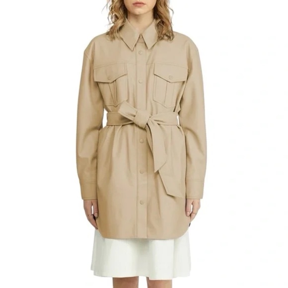NWT NVLT Vegan Leather Belted Shacket Jacket Color Latte Long Line Size M&L - Picture 1 of 9